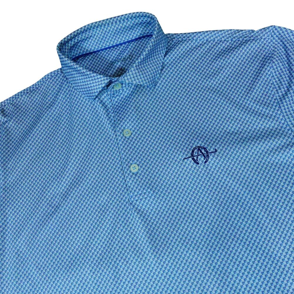 Adios Golf Club Johnnie O Geometric Performance Blue Polo Shirt Men's Medium